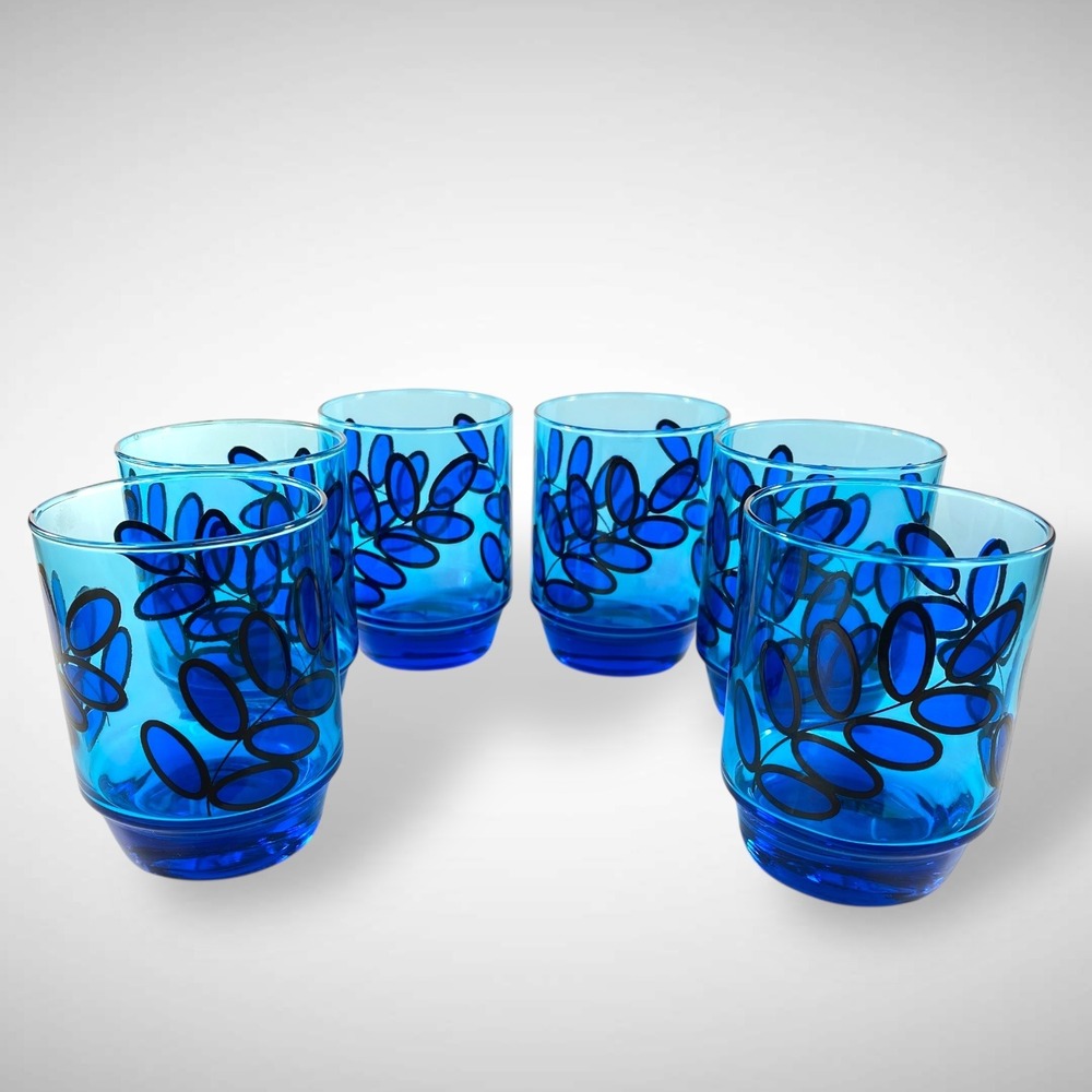 Set of‎ 6 Electric Blue Glass Tumblers Abstract Leaf Design Vintage Barware